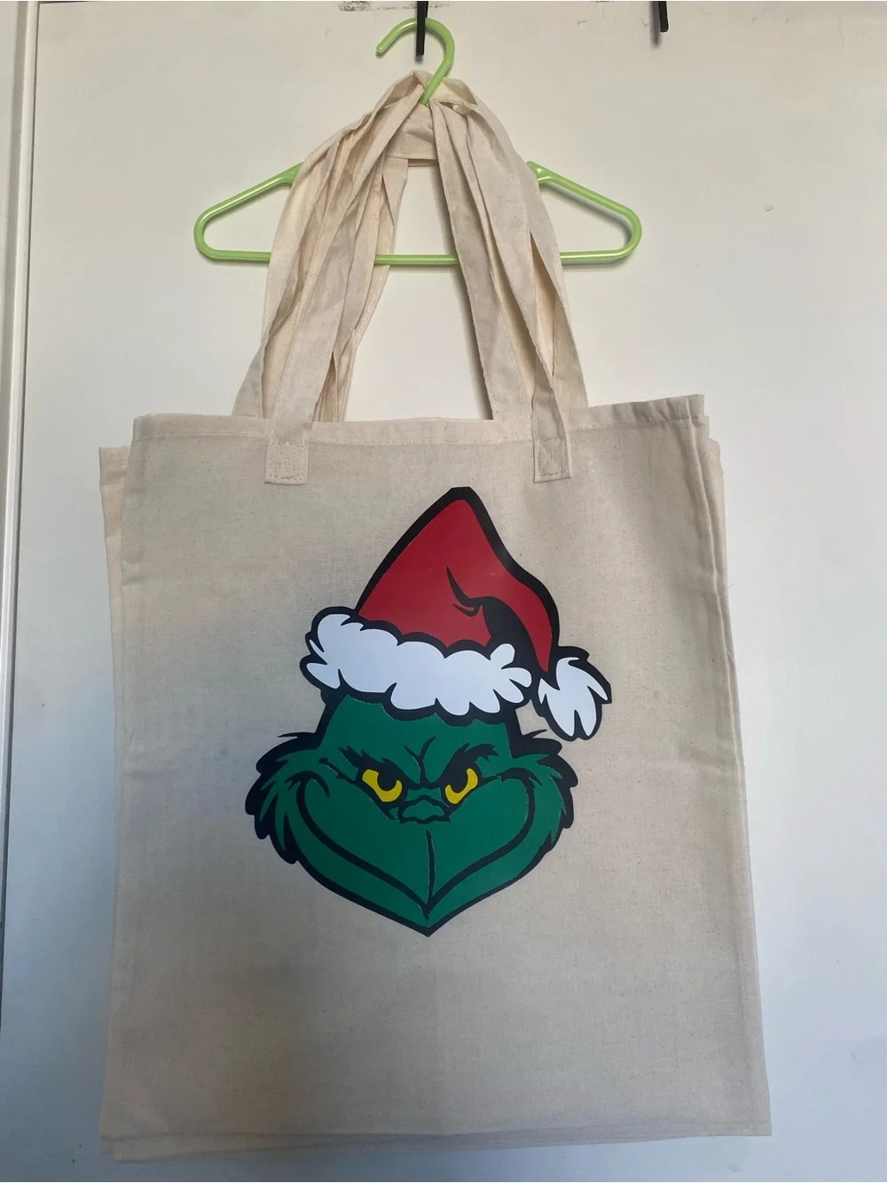 Holiday Grinch Canvas Tote Bag in Cream